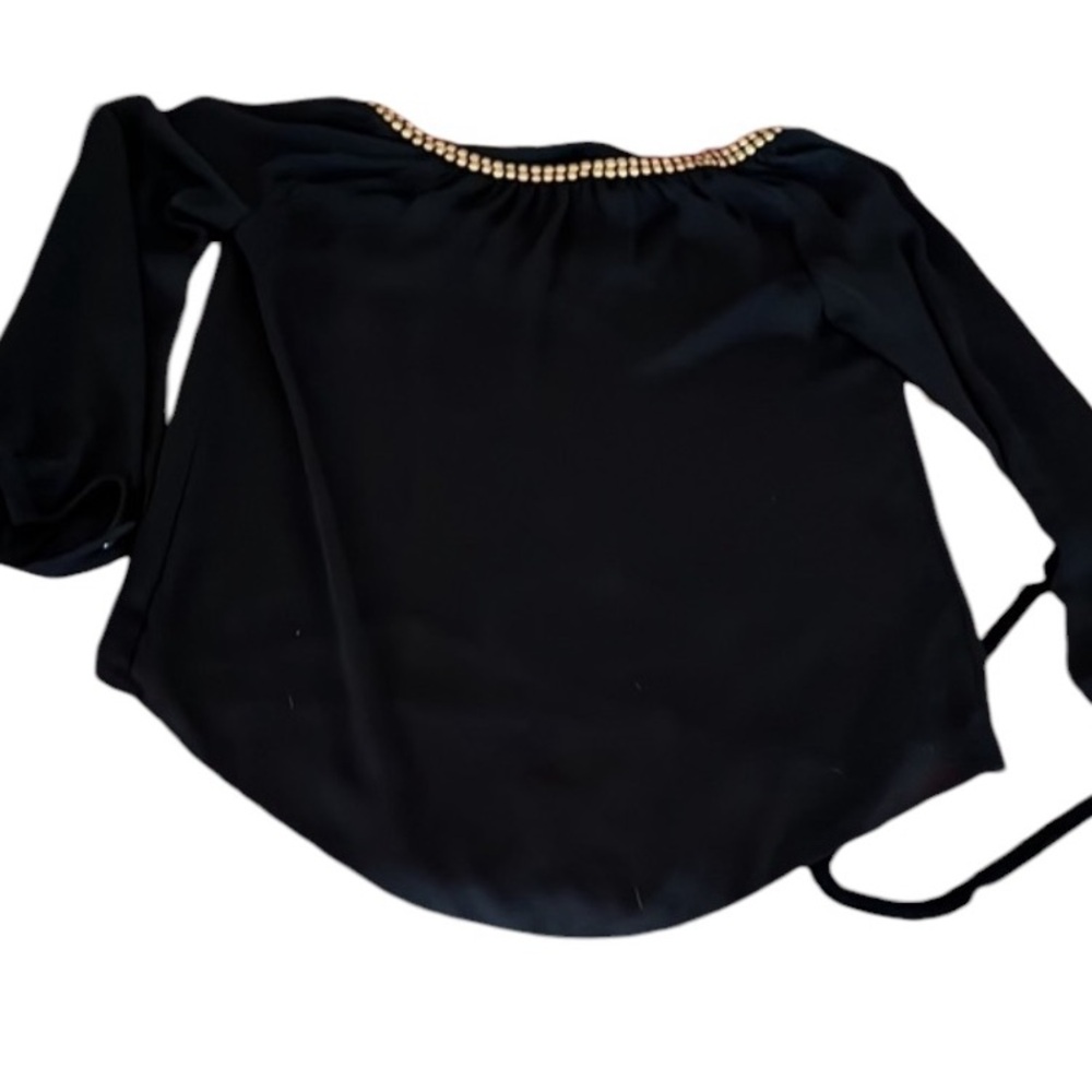 Micheal Kors size XL black semi sheer pheasant top long sleeve gold studs - Picture 12 of 13